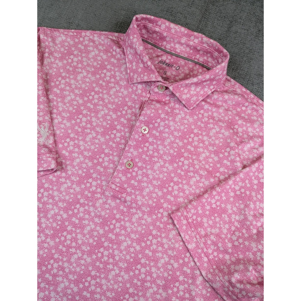 Johnnie O Polo Shirt Mens S Pink Floral Clover Performance Stretch UPF 50 Golf